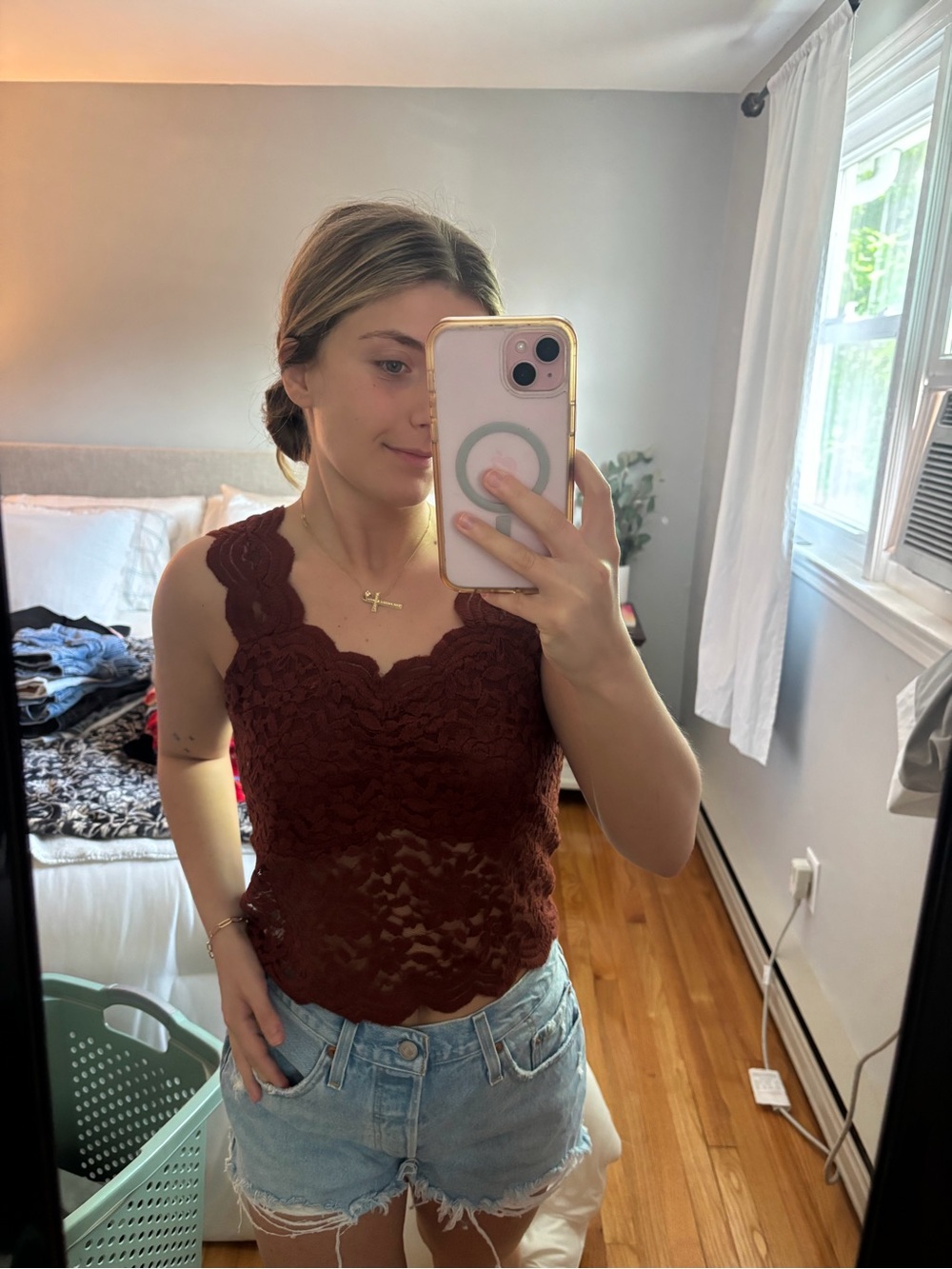 Lace Scallop Tank Top - Brown